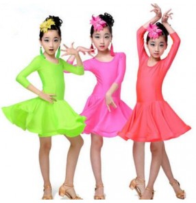 Neon green coral hot pink fuchsia girl kids children modern dance performance professional competition samba cha cha latin dance dresses